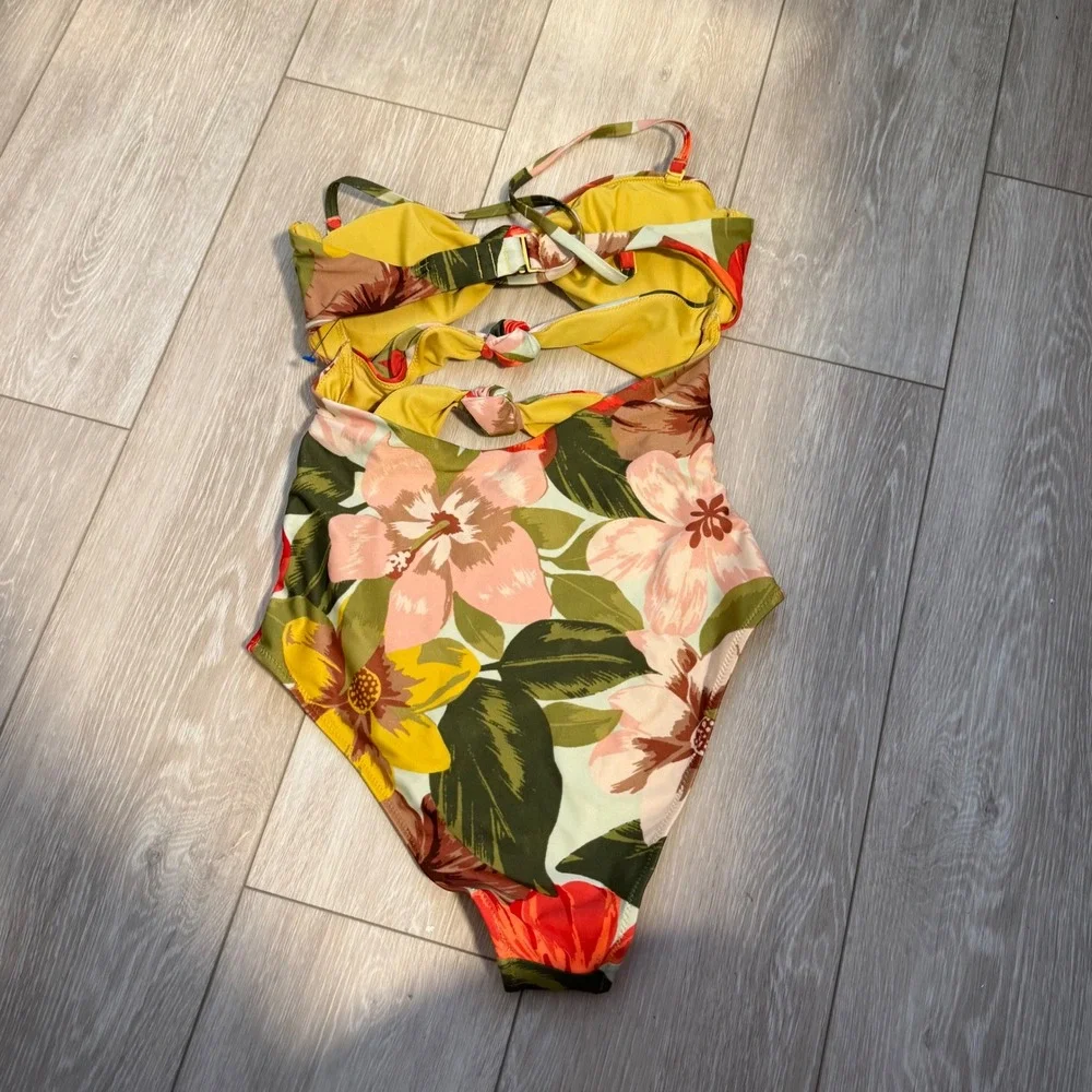Aerie American Eagle Cut Out One Piece Swimsuit Bikini Bright Floral Triple Knot